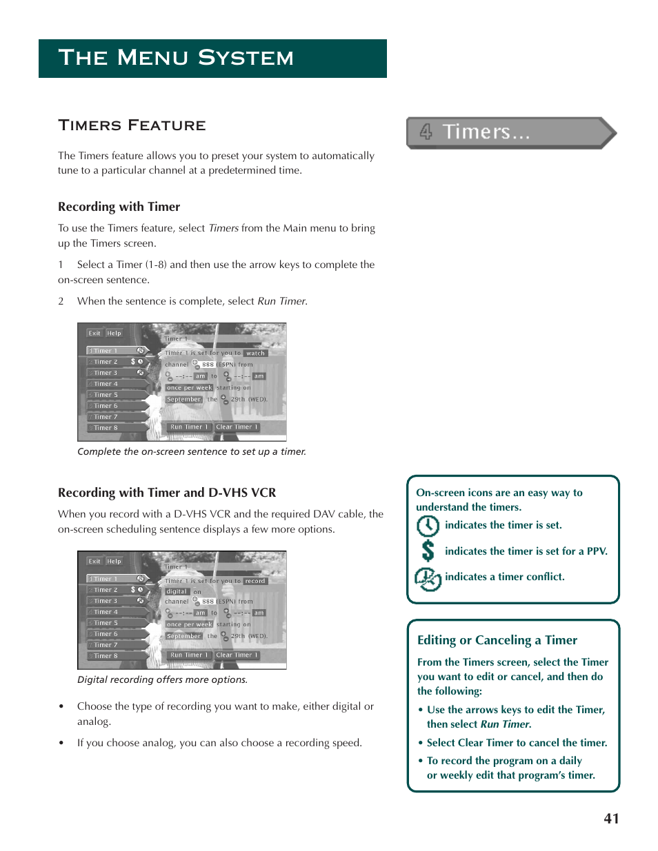 The menu system, 41 timers feature | DirecTV ProScan DSS Receiver User Manual | Page 43 / 84