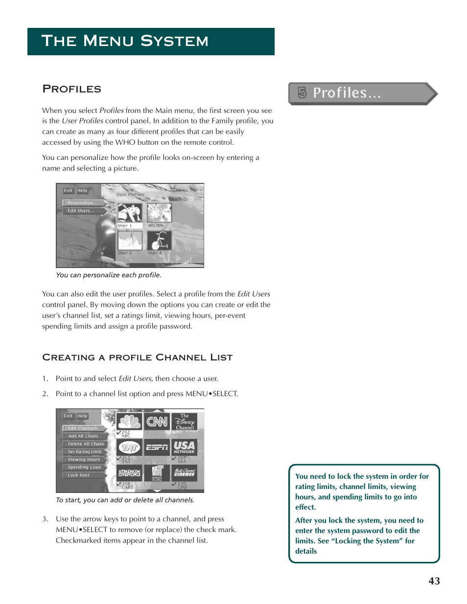 The menu system, 43 profiles | DirecTV ProScan DSS Receiver User Manual | Page 45 / 84