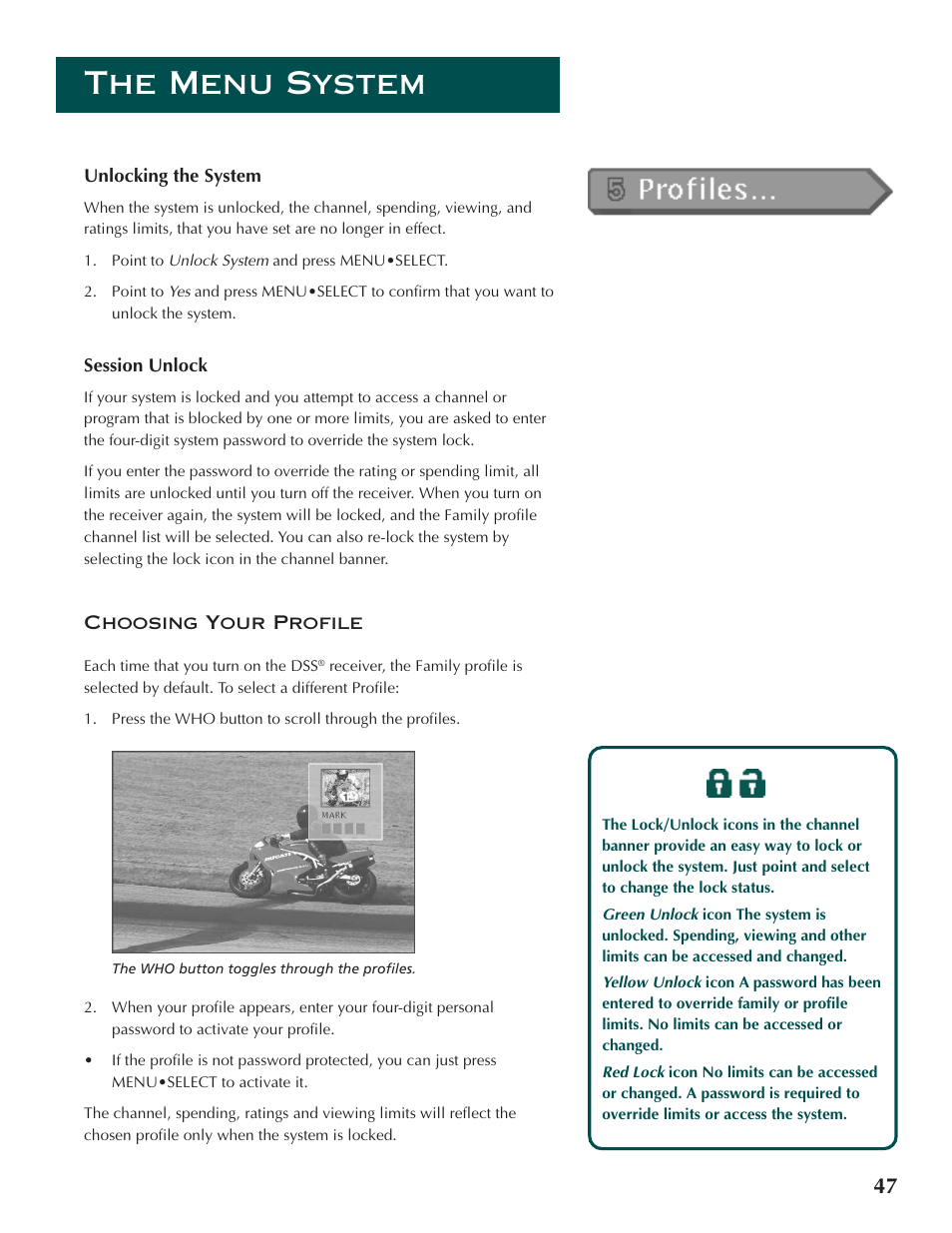 The menu system | DirecTV ProScan DSS Receiver User Manual | Page 49 / 84