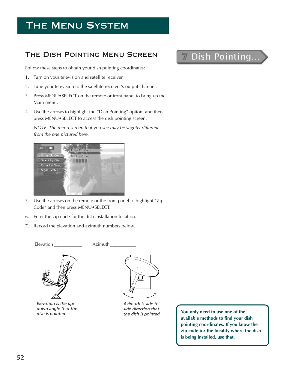 The menu system, 52 the dish pointing menu screen | DirecTV ProScan DSS Receiver User Manual | Page 54 / 84