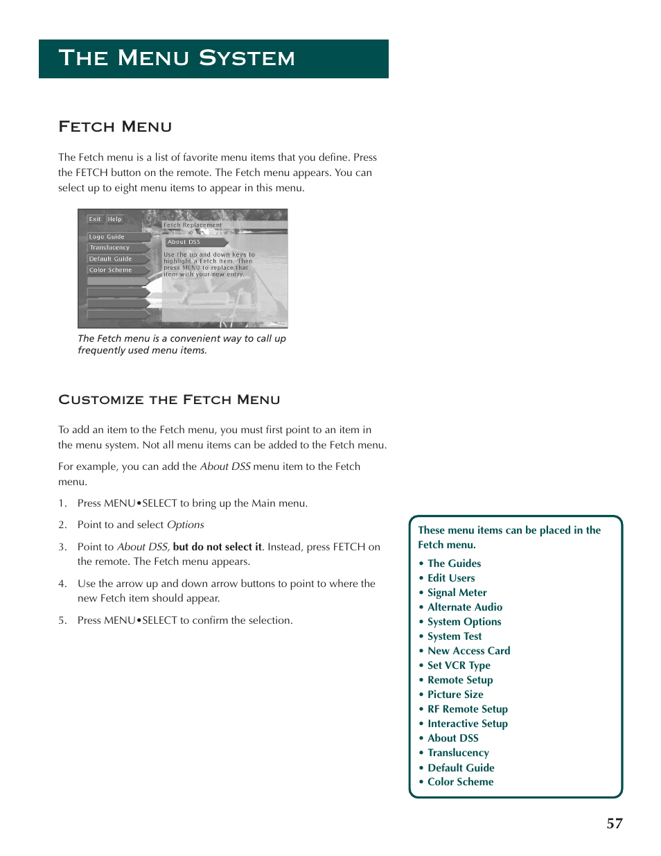 The menu system, Fetch menu | DirecTV ProScan DSS Receiver User Manual | Page 59 / 84