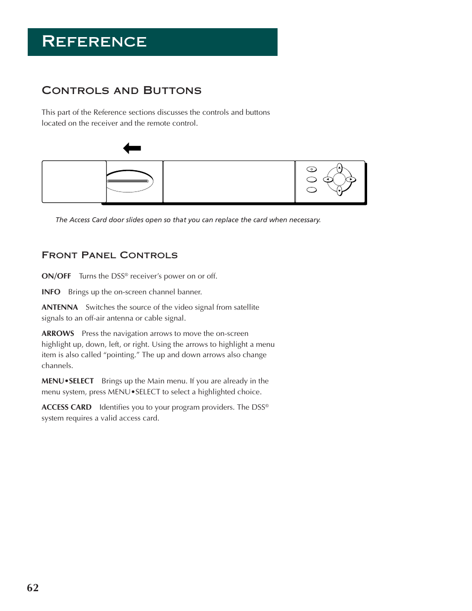 Reference, 62 controls and buttons, Front panel controls | DirecTV ProScan DSS Receiver User Manual | Page 64 / 84