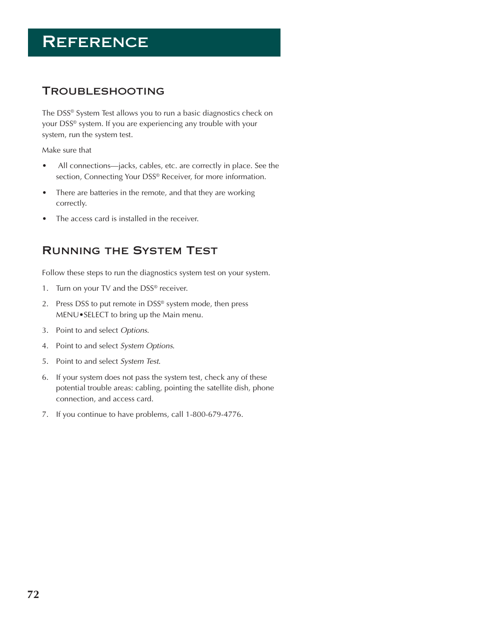 Reference, 72 troubleshooting, Running the system test | DirecTV ProScan DSS Receiver User Manual | Page 74 / 84