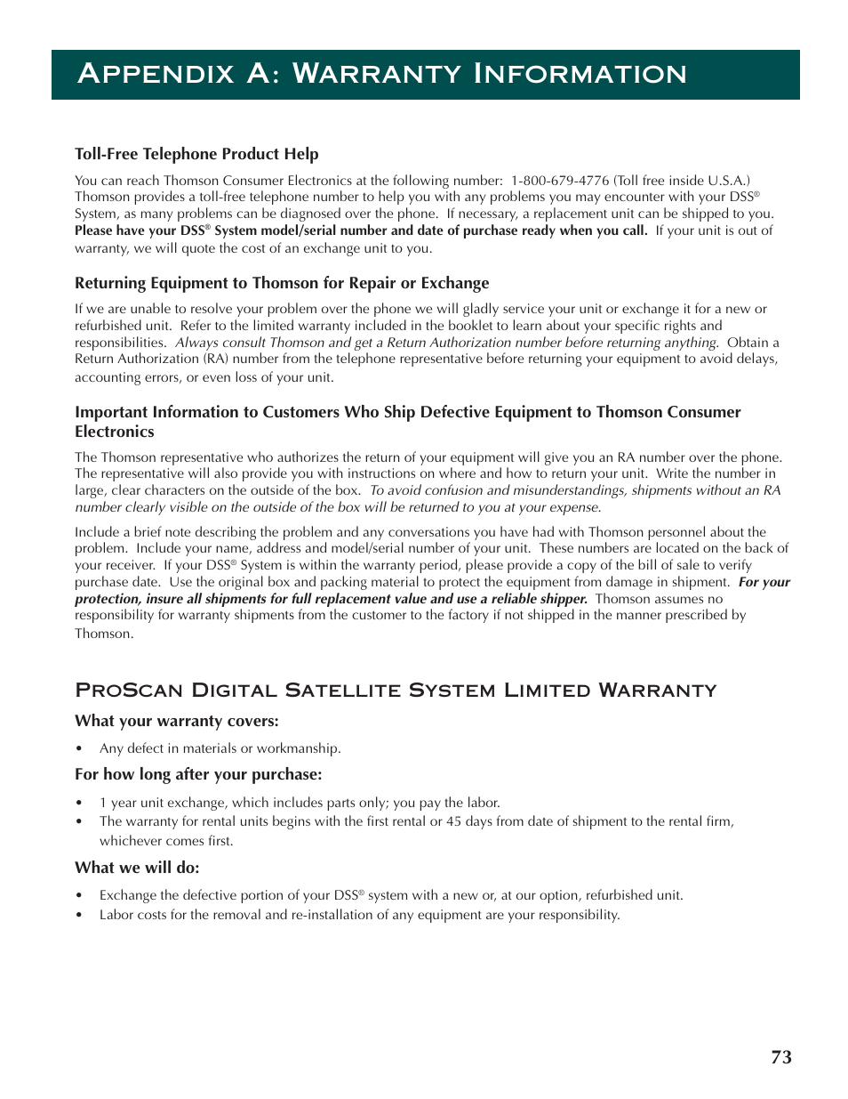 Appendix a: warranty information, Proscan digital satellite system limited warranty | DirecTV ProScan DSS Receiver User Manual | Page 75 / 84