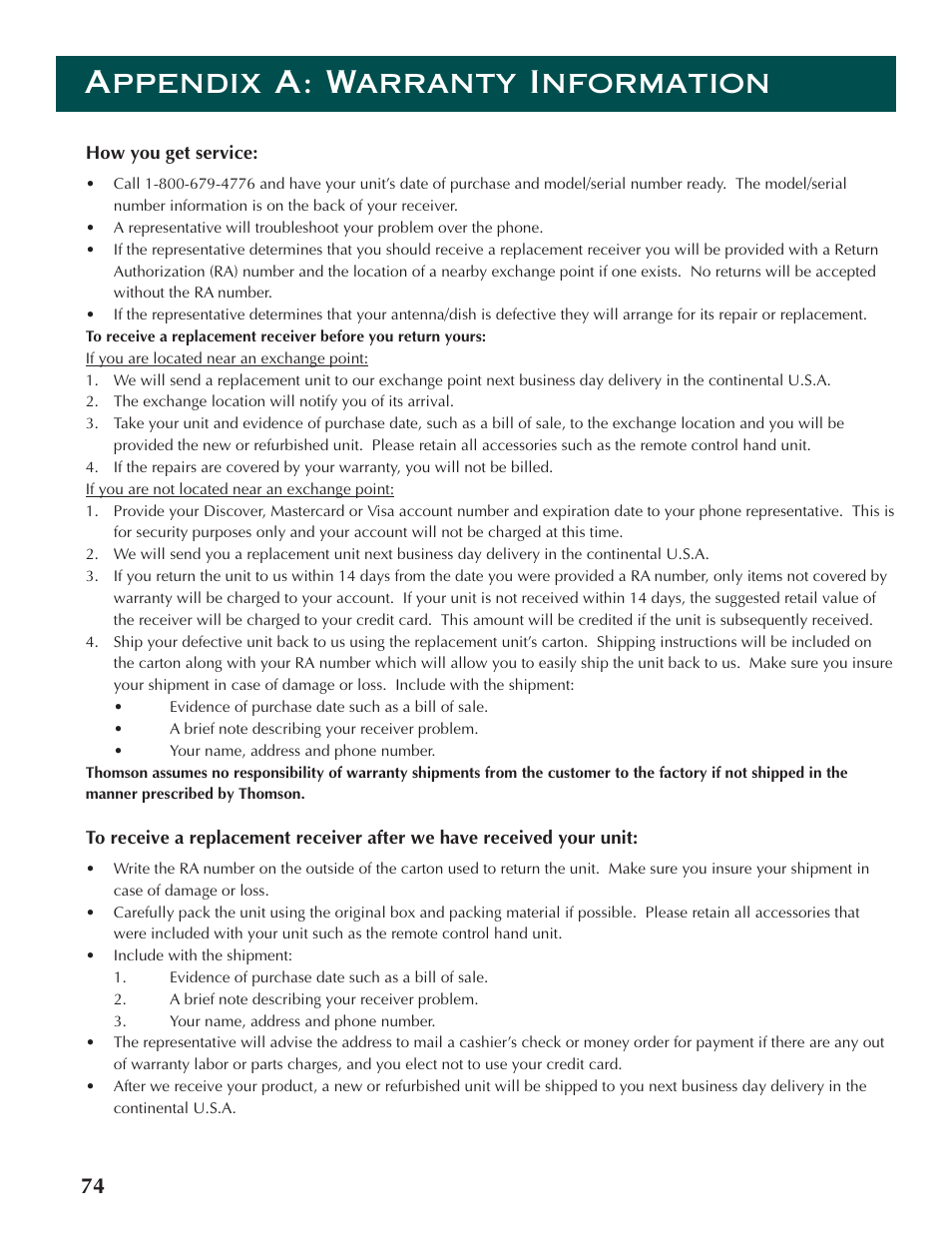 Appendix a: warranty information | DirecTV ProScan DSS Receiver User Manual | Page 76 / 84