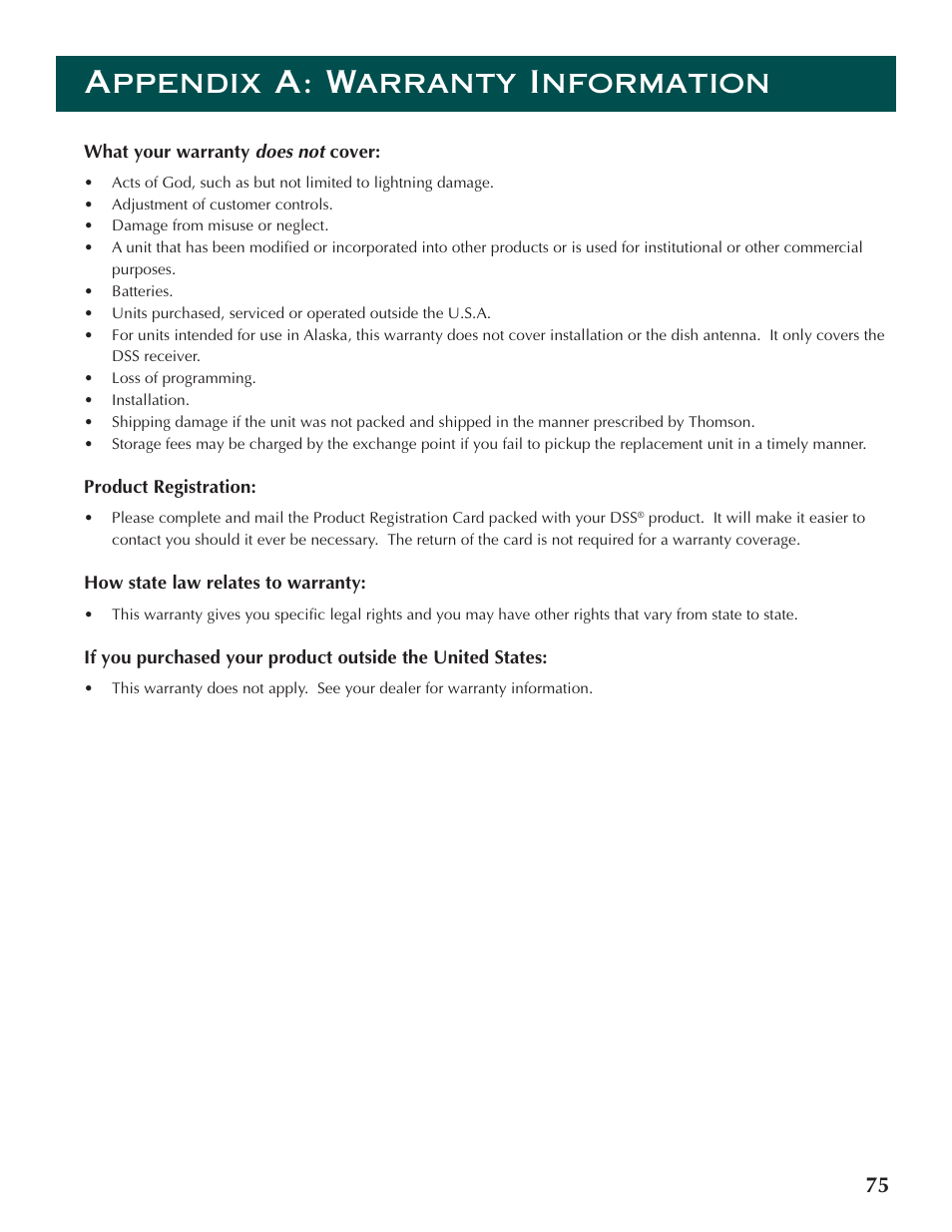 Appendix a: warranty information | DirecTV ProScan DSS Receiver User Manual | Page 77 / 84