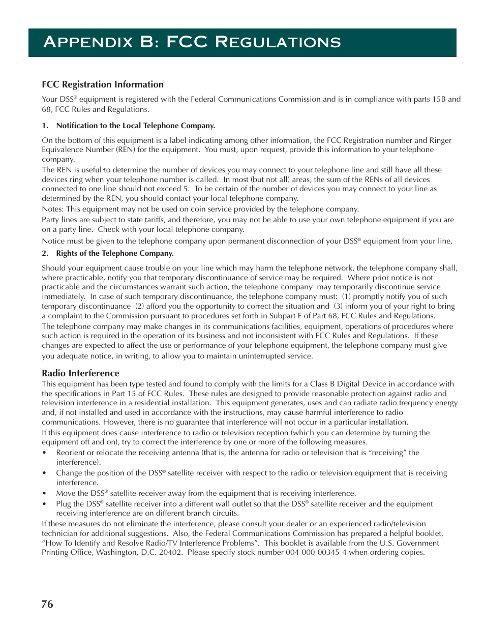 Appendix b: fcc regulations | DirecTV ProScan DSS Receiver User Manual | Page 78 / 84