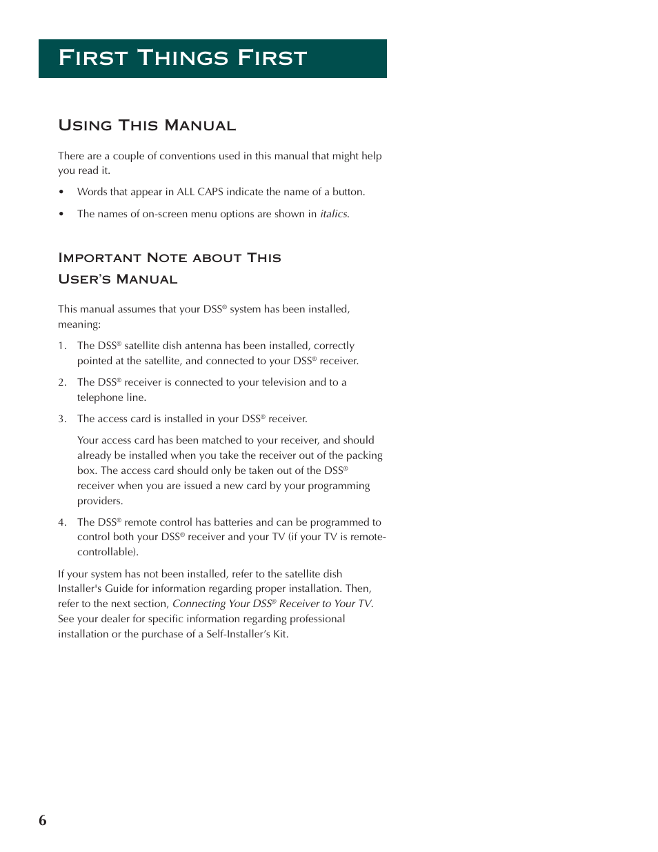 First things first, 6using this manual | DirecTV ProScan DSS Receiver User Manual | Page 8 / 84