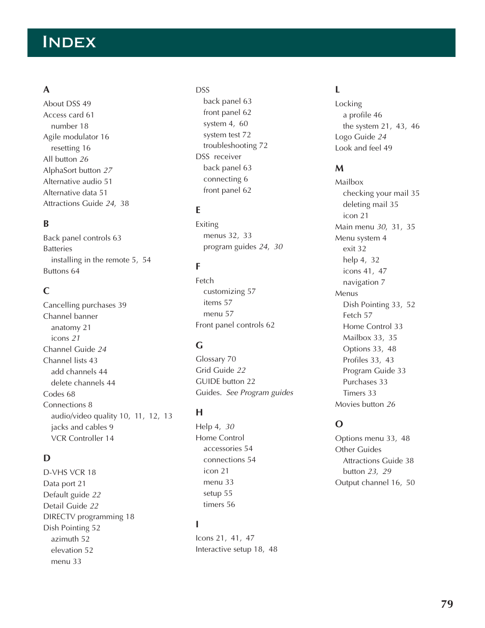 Index | DirecTV ProScan DSS Receiver User Manual | Page 81 / 84