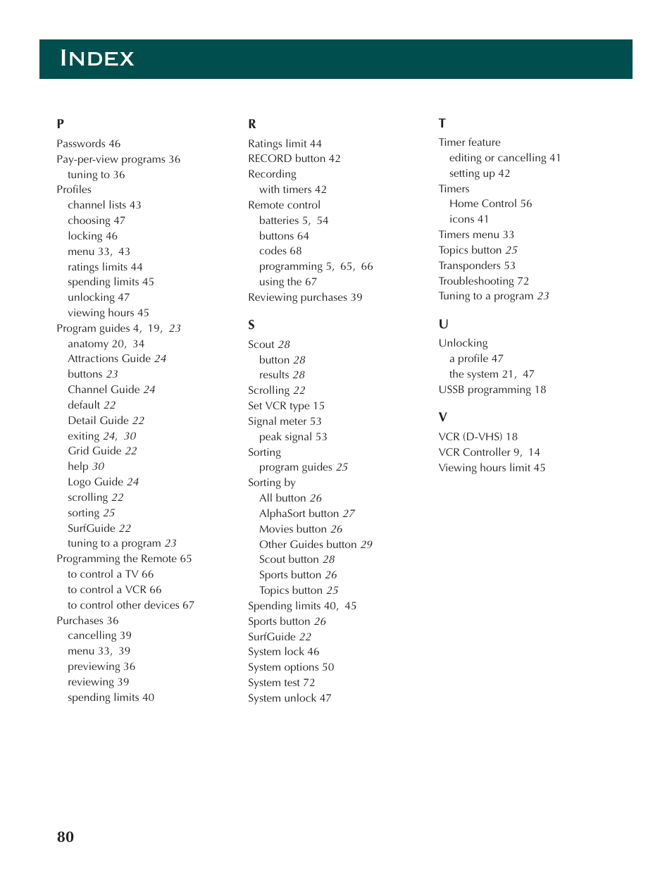 Index | DirecTV ProScan DSS Receiver User Manual | Page 82 / 84