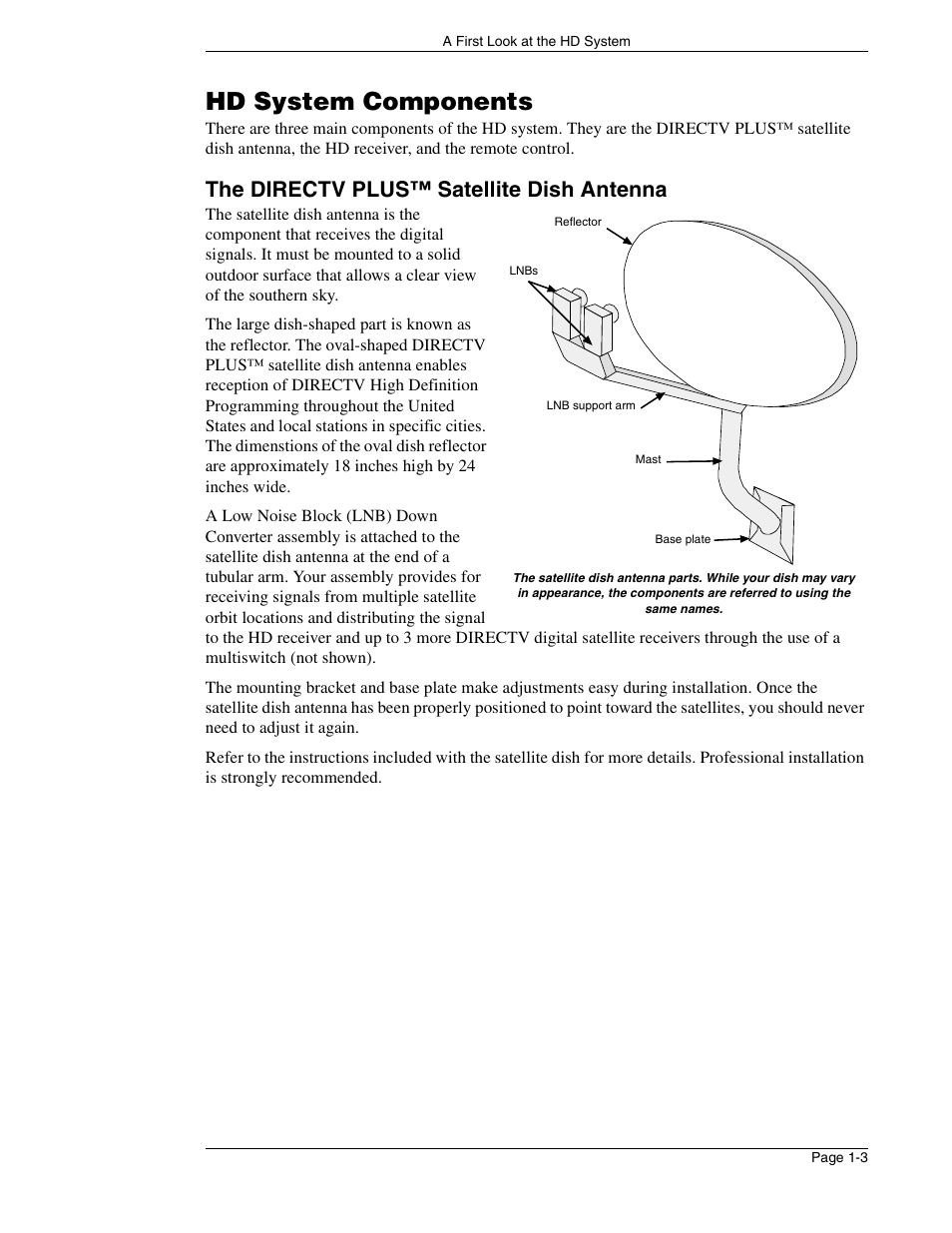 Hd system components, The directv plus™ satellite dish antenna | DirecTV HIRD-E86 User Manual | Page 13 / 90