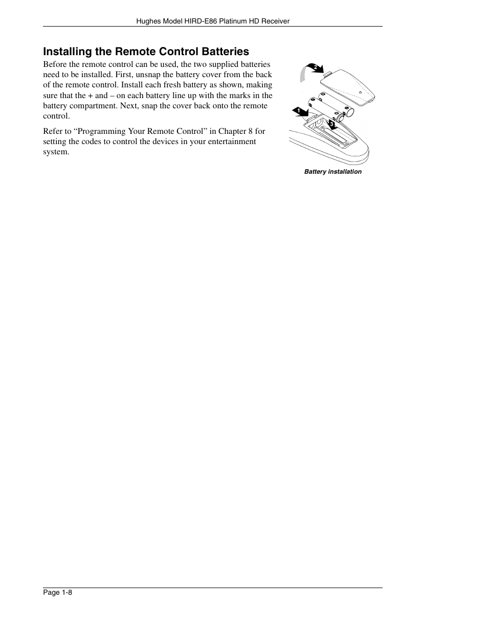 Installing the remote control batteries | DirecTV HIRD-E86 User Manual | Page 18 / 90