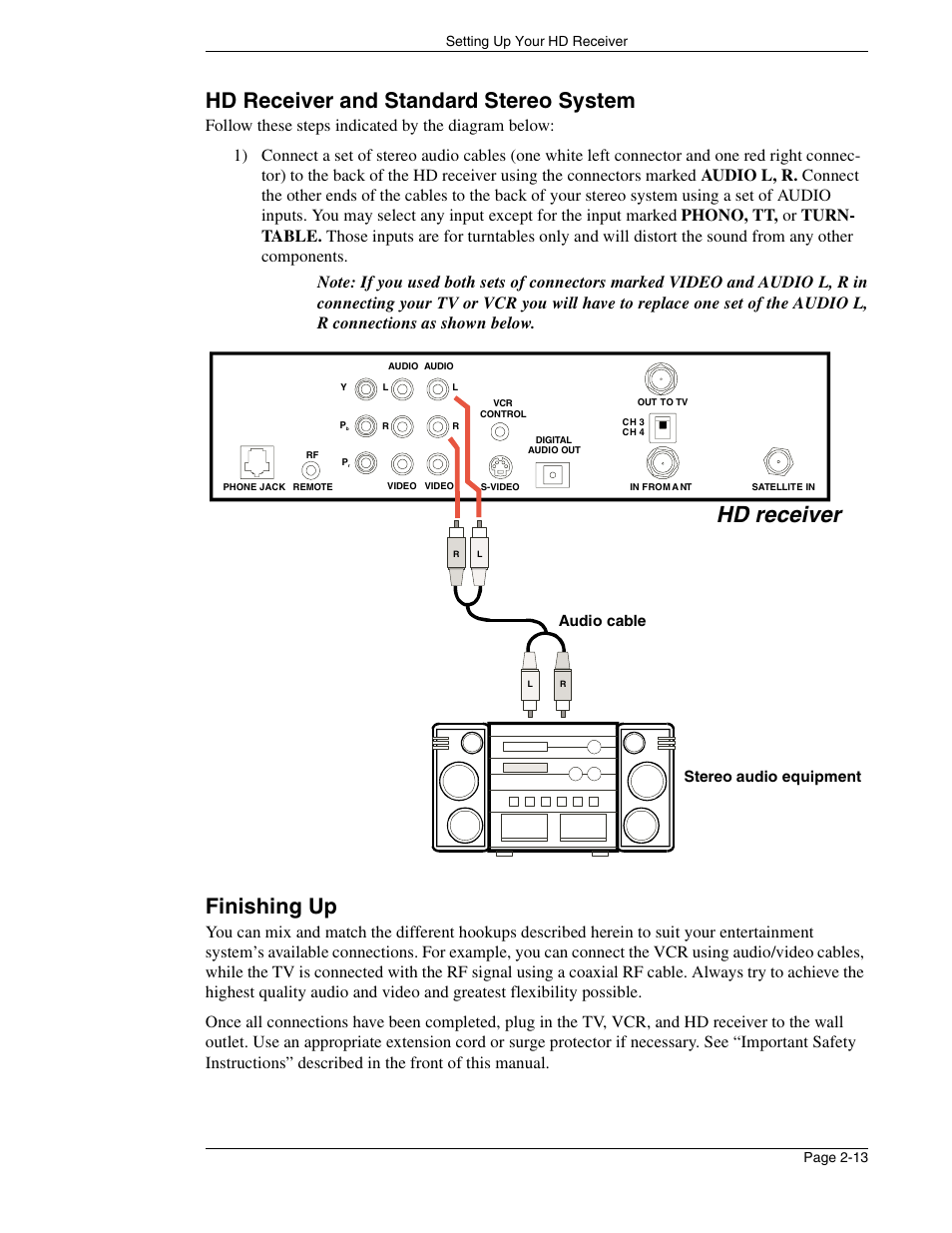 Hd receiver, Hd receiver and standard stereo system, Finishing up | Audio cable stereo audio equipment | DirecTV HIRD-E86 User Manual | Page 31 / 90