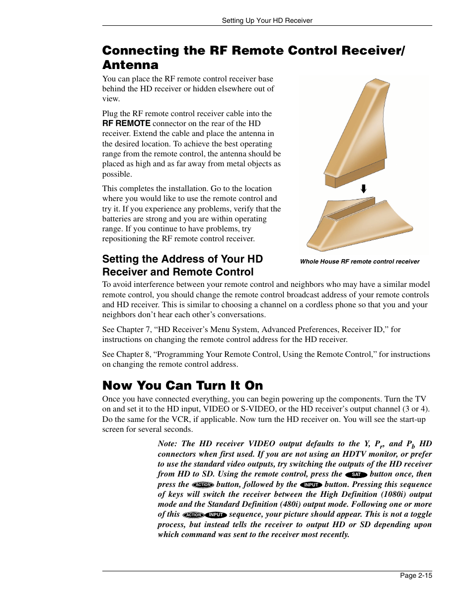 Connecting the rf remote control receiver/ antenna, Now you can turn it on | DirecTV HIRD-E86 User Manual | Page 33 / 90