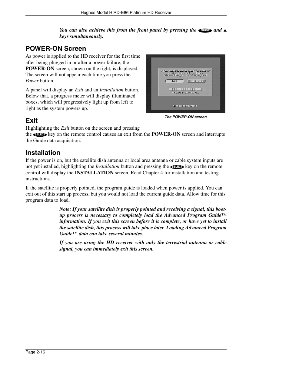 Power-on screen, Exit, Installation | DirecTV HIRD-E86 User Manual | Page 34 / 90