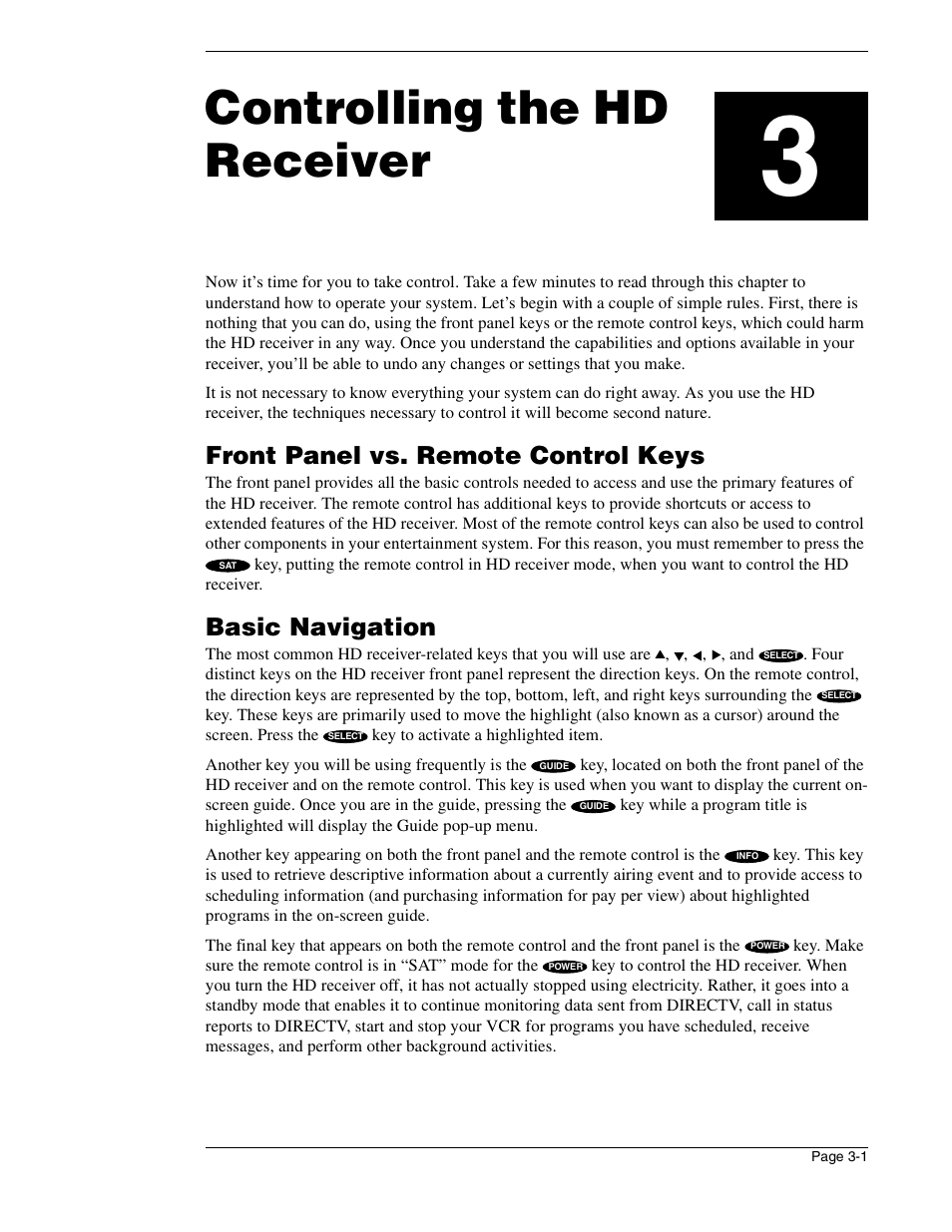 Controlling the hd receiver, Front panel vs. remote control keys, Basic navigation | DirecTV HIRD-E86 User Manual | Page 35 / 90