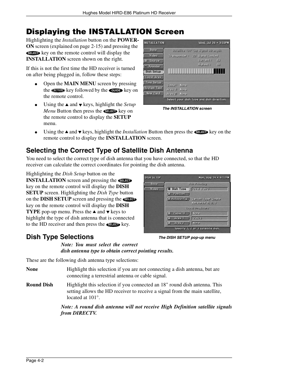 Displaying the installation screen, Dish type selections | DirecTV HIRD-E86 User Manual | Page 38 / 90