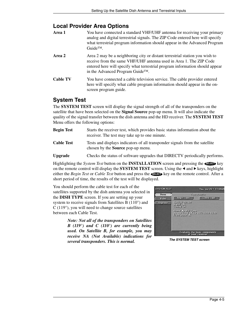 Local provider area options, System test | DirecTV HIRD-E86 User Manual | Page 41 / 90