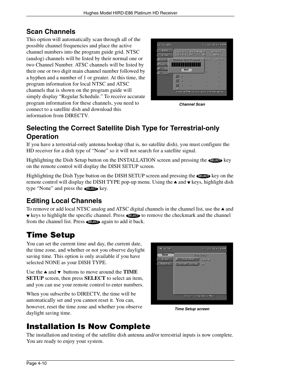 Time setup, Installation is now complete, Scan channels | Editing local channels | DirecTV HIRD-E86 User Manual | Page 46 / 90