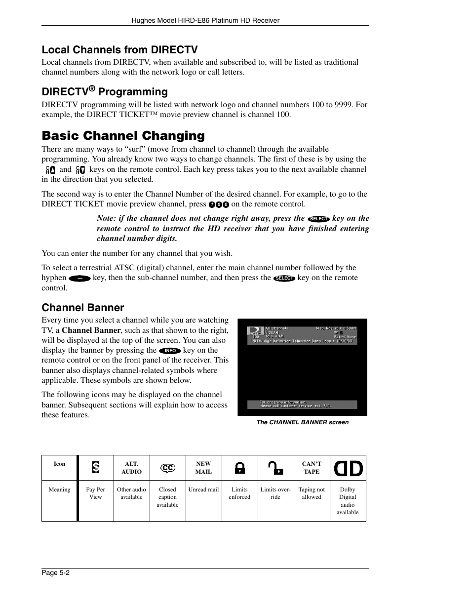 Basic channel changing, Local channels from directv, Directv | Programming, Channel banner | DirecTV HIRD-E86 User Manual | Page 48 / 90