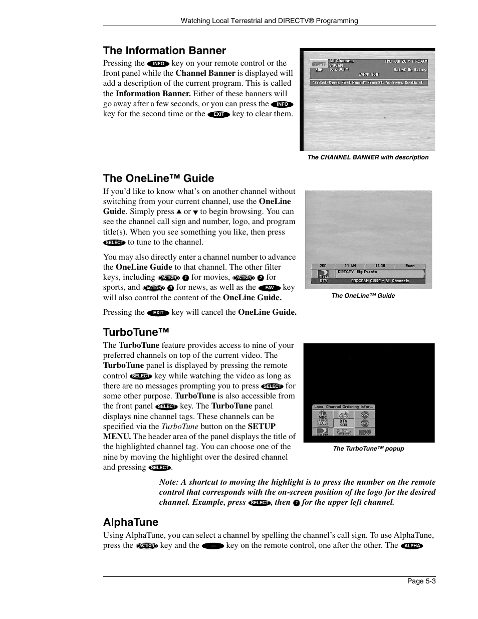 The information banner, The oneline™ guide, Turbotune | Alphatune | DirecTV HIRD-E86 User Manual | Page 49 / 90