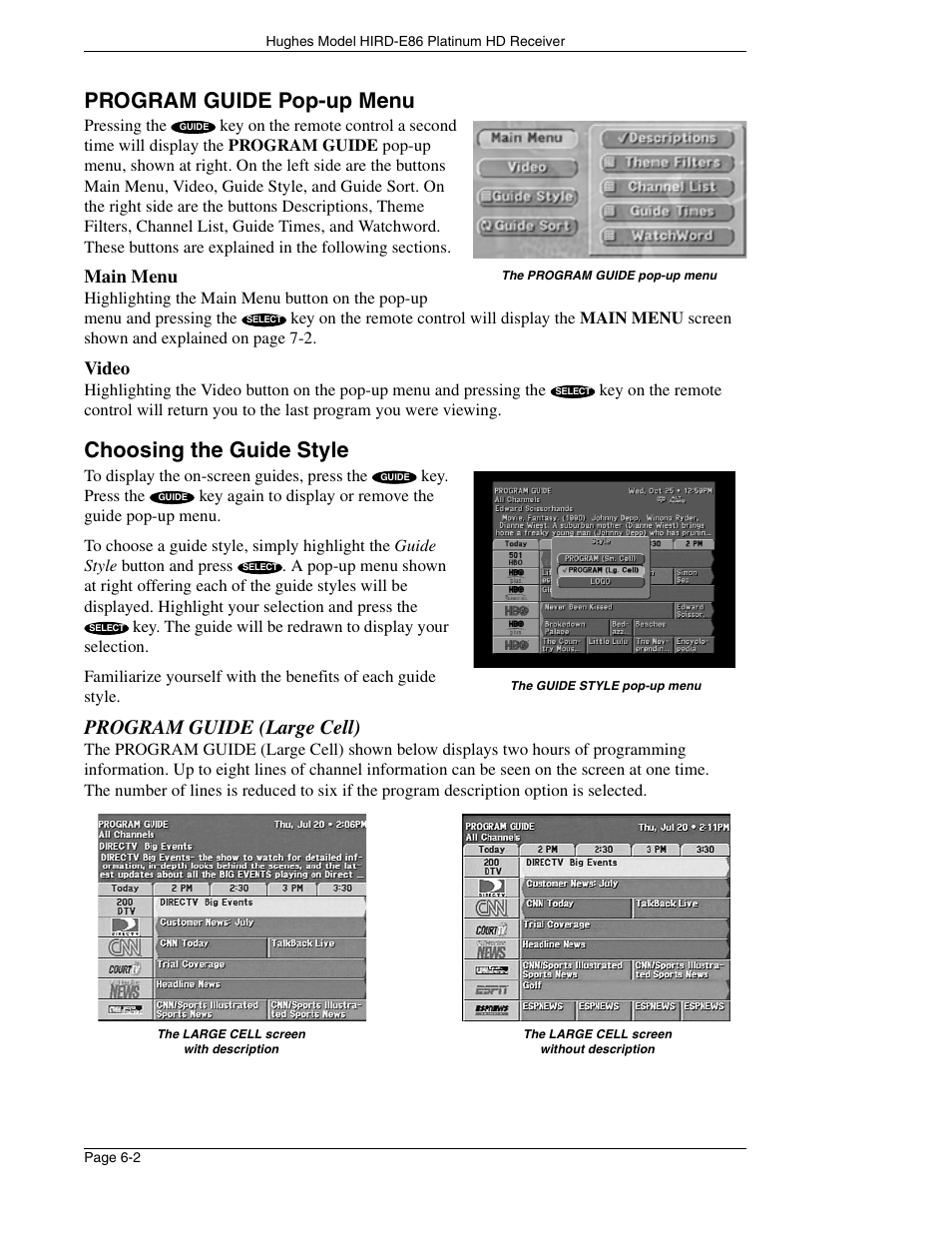 Program guide pop-up menu, Choosing the guide style, Program guide (large cell) | DirecTV HIRD-E86 User Manual | Page 52 / 90
