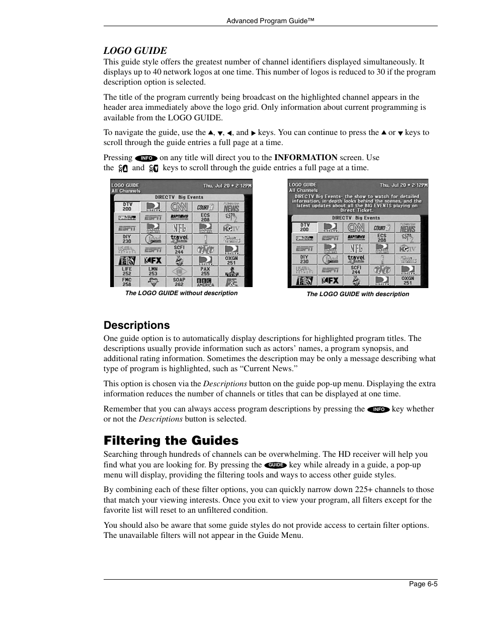 Filtering the guides, Descriptions, Logo guide | DirecTV HIRD-E86 User Manual | Page 55 / 90