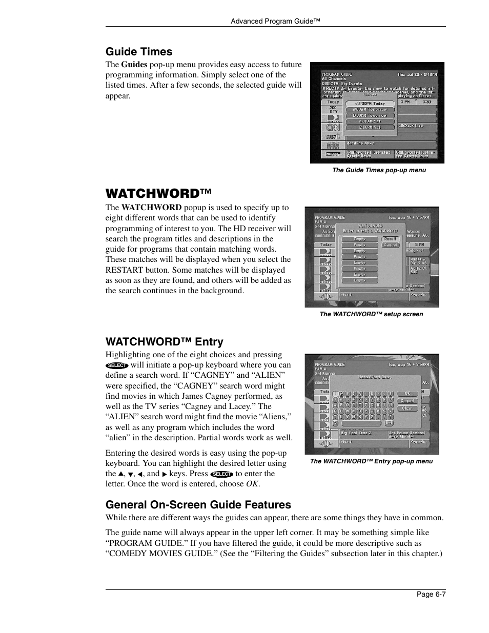 Watchword, Guide times, Watchword™ entry | General on-screen guide features | DirecTV HIRD-E86 User Manual | Page 57 / 90