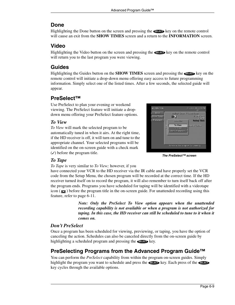 Done, Video, Guides | Preselect, Don’t preselect | DirecTV HIRD-E86 User Manual | Page 59 / 90
