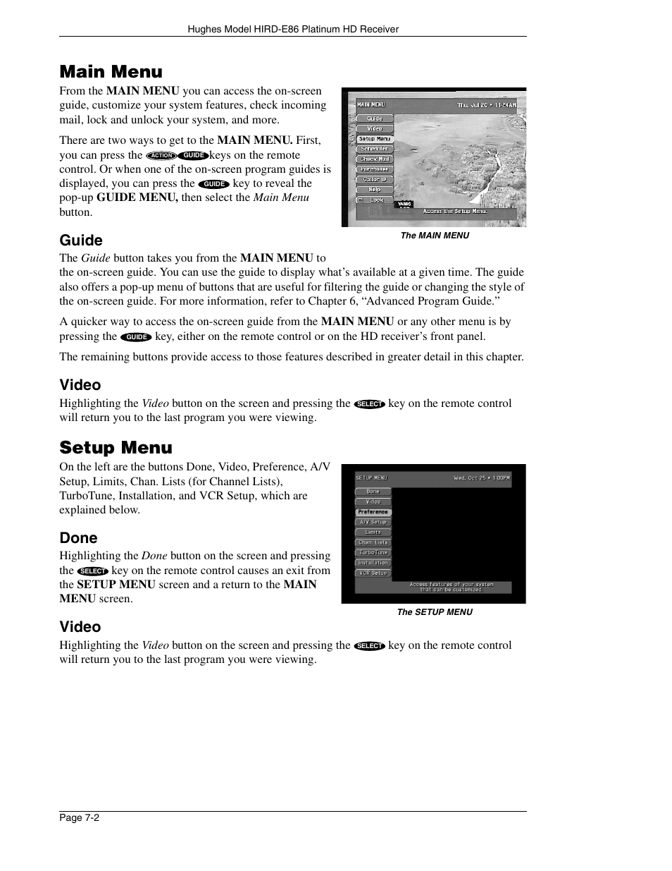Main menu, Setup menu, Guide | Video, Done | DirecTV HIRD-E86 User Manual | Page 62 / 90