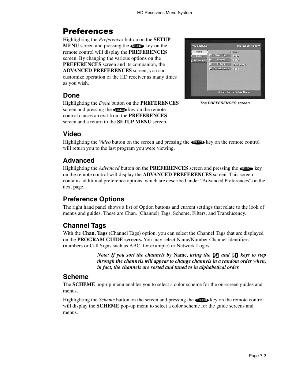 Preferences, Done, Video | Advanced, Preference options, Channel tags, Scheme | DirecTV HIRD-E86 User Manual | Page 63 / 90