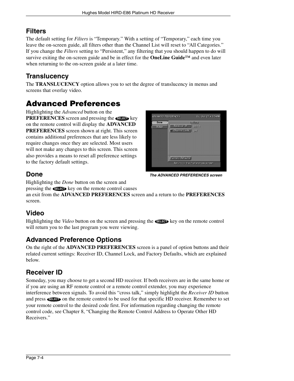 Advanced preferences, Filters, Translucency | Done, Video, Advanced preference options, Receiver id | DirecTV HIRD-E86 User Manual | Page 64 / 90