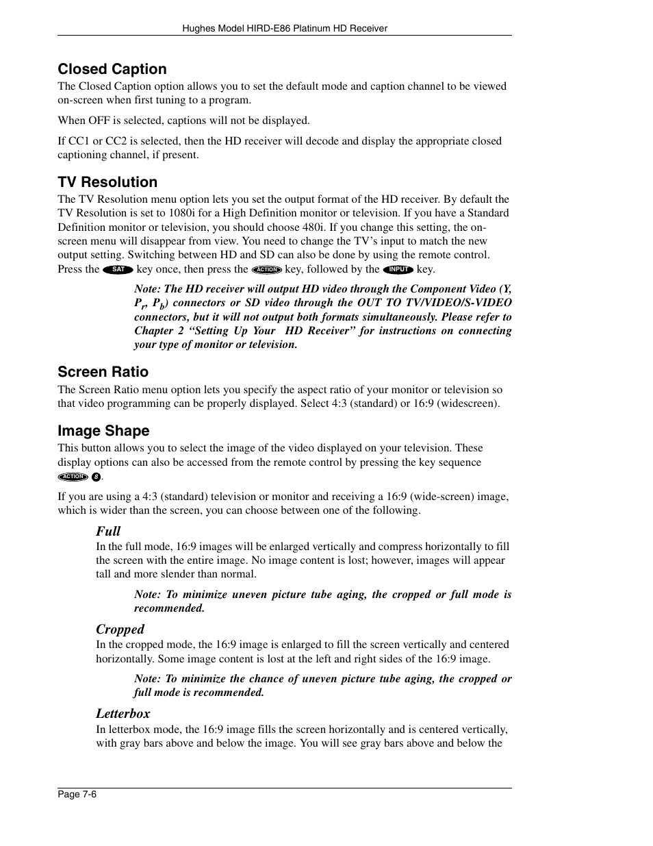 Closed caption, Tv resolution, Screen ratio | Image shape, Full, Cropped, Letterbox | DirecTV HIRD-E86 User Manual | Page 66 / 90