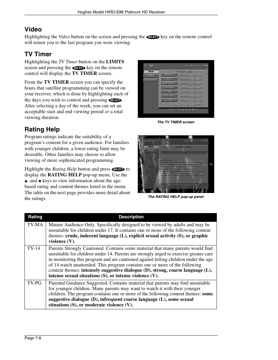 Video, Tv timer, Rating help | DirecTV HIRD-E86 User Manual | Page 68 / 90