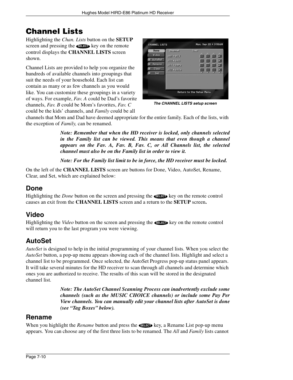 Channel lists, Done, Video | Autoset, Rename | DirecTV HIRD-E86 User Manual | Page 70 / 90
