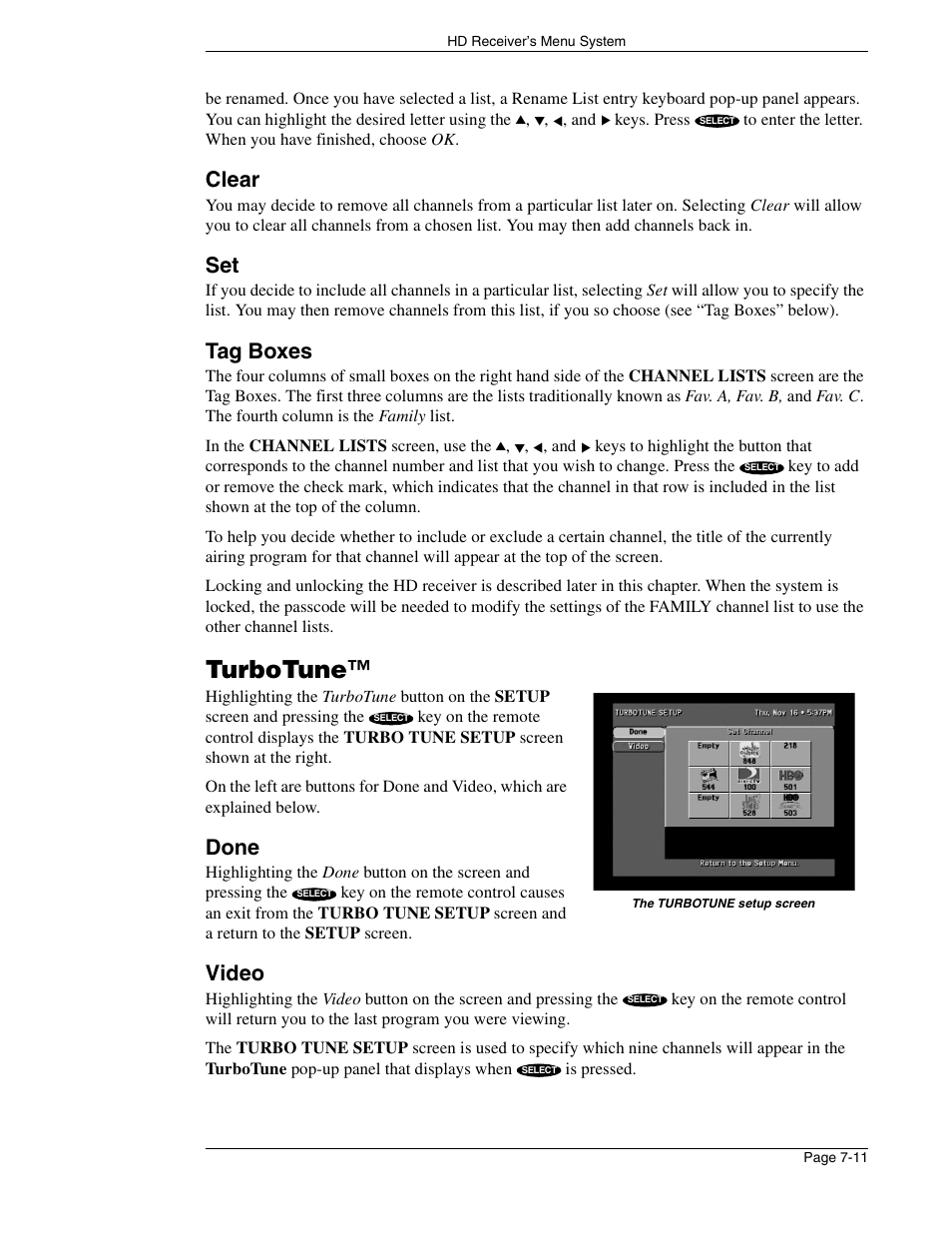 Turbotune, Clear, Tag boxes | Done, Video | DirecTV HIRD-E86 User Manual | Page 71 / 90