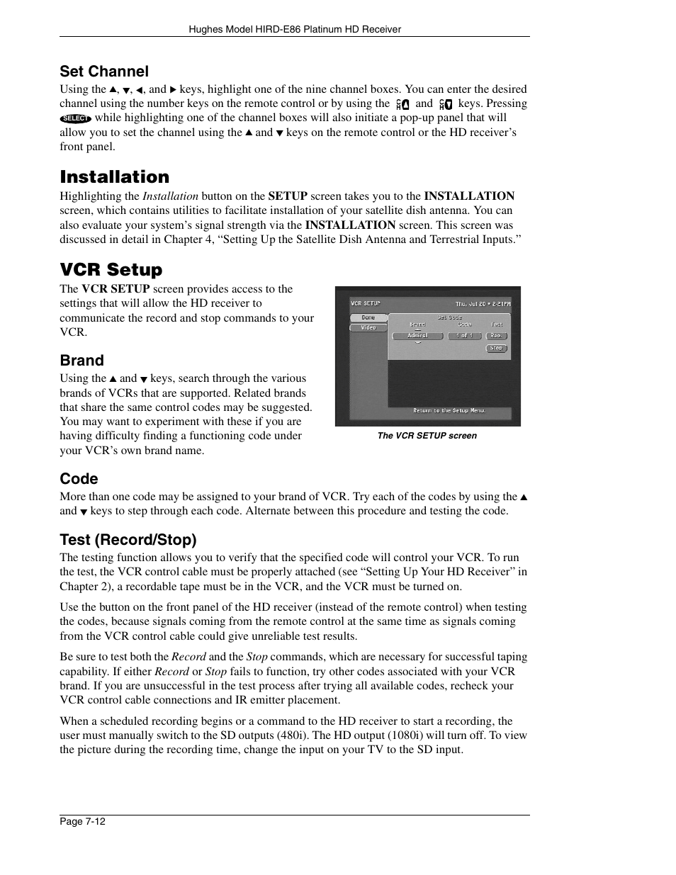 Installation, Vcr setup, Set channel | Brand, Code, Test (record/stop) | DirecTV HIRD-E86 User Manual | Page 72 / 90