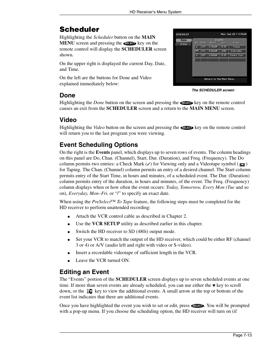 Scheduler, Done, Video | Event scheduling options, Editing an event | DirecTV HIRD-E86 User Manual | Page 73 / 90