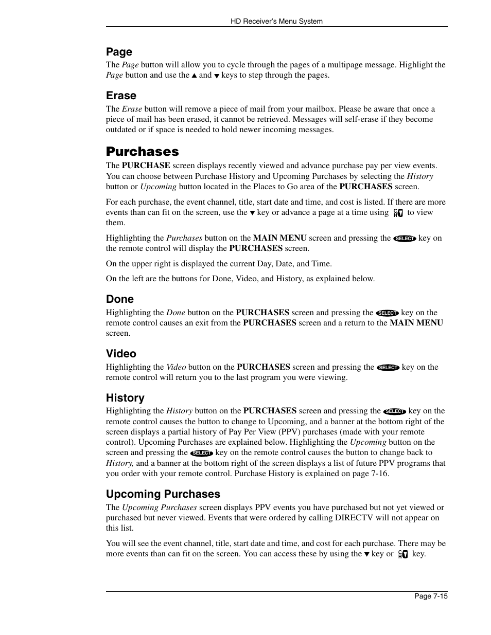 Purchases, Page, Erase | Done, Video, History, Upcoming purchases | DirecTV HIRD-E86 User Manual | Page 75 / 90
