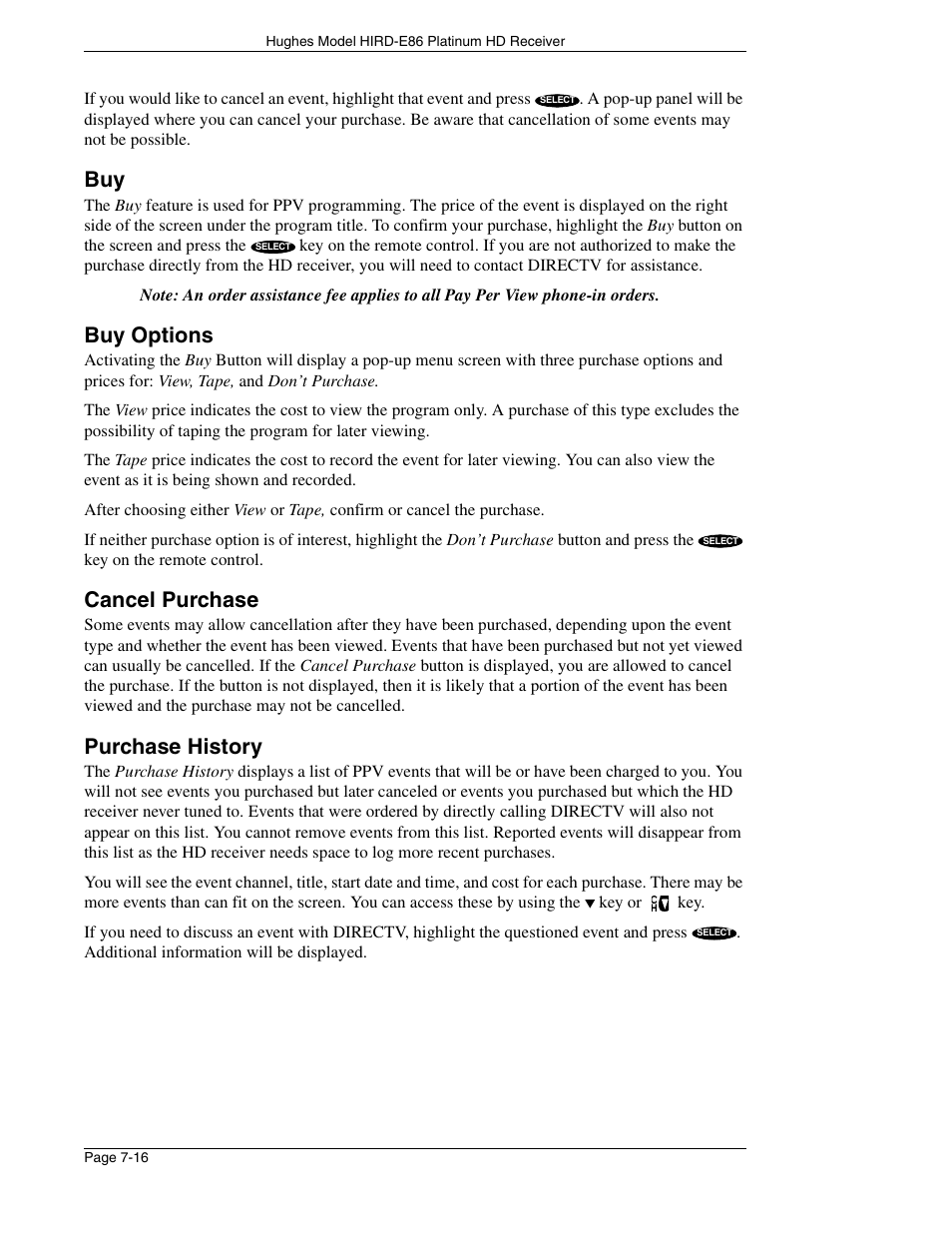 Buy options, Cancel purchase, Purchase history | DirecTV HIRD-E86 User Manual | Page 76 / 90