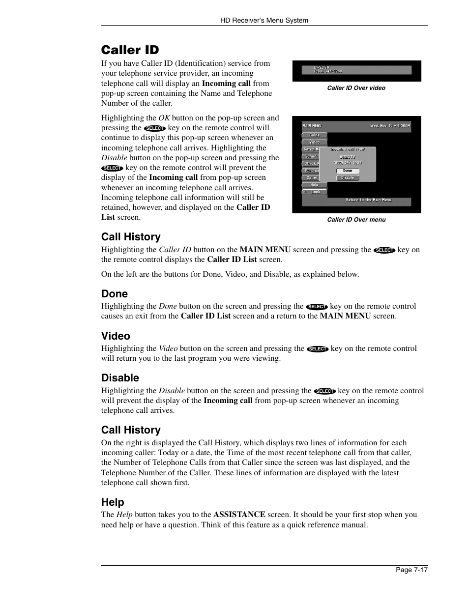 Caller id, Call history, Done | Video, Disable, Help | DirecTV HIRD-E86 User Manual | Page 77 / 90