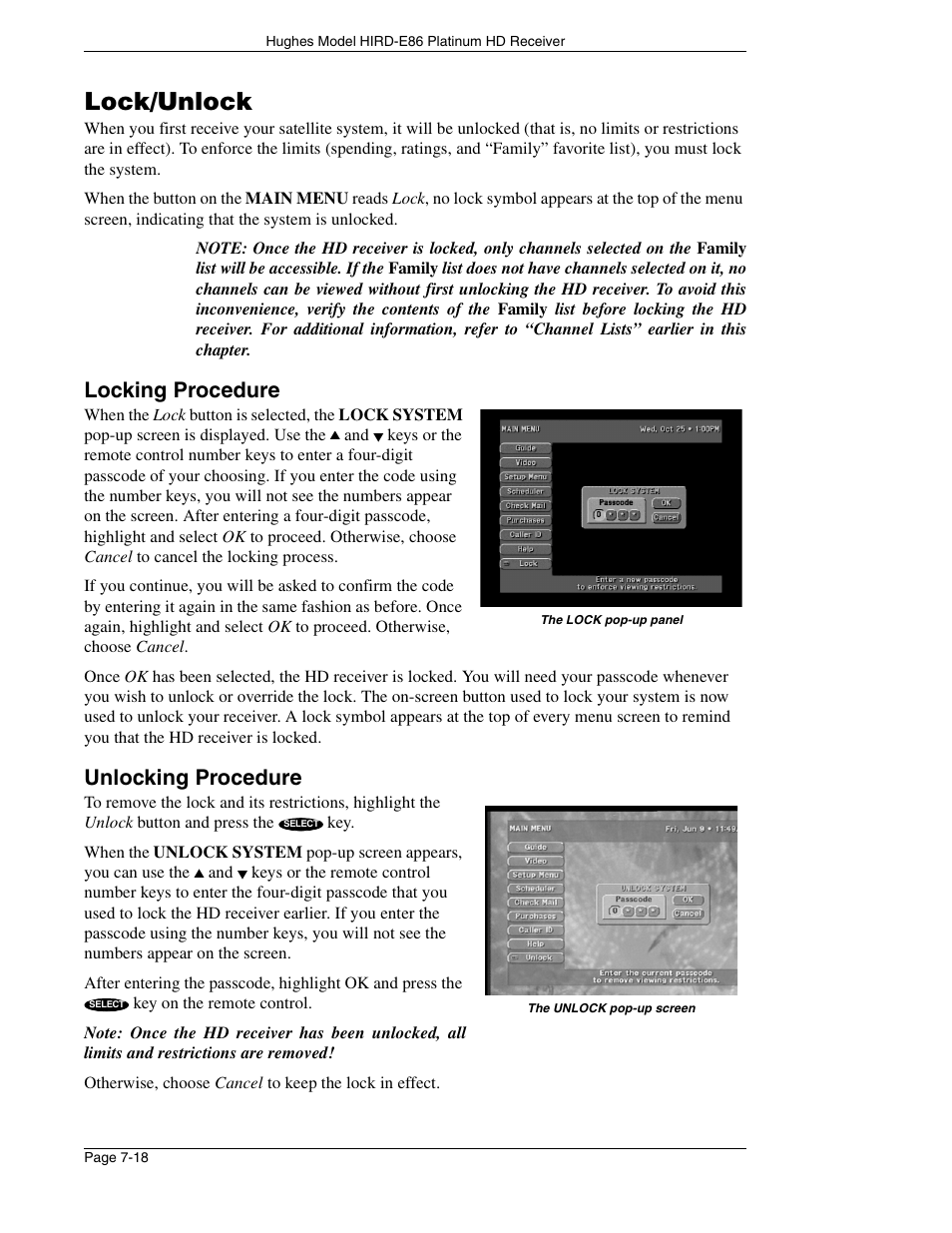 Lock/unlock, Locking procedure, Unlocking procedure | DirecTV HIRD-E86 User Manual | Page 78 / 90