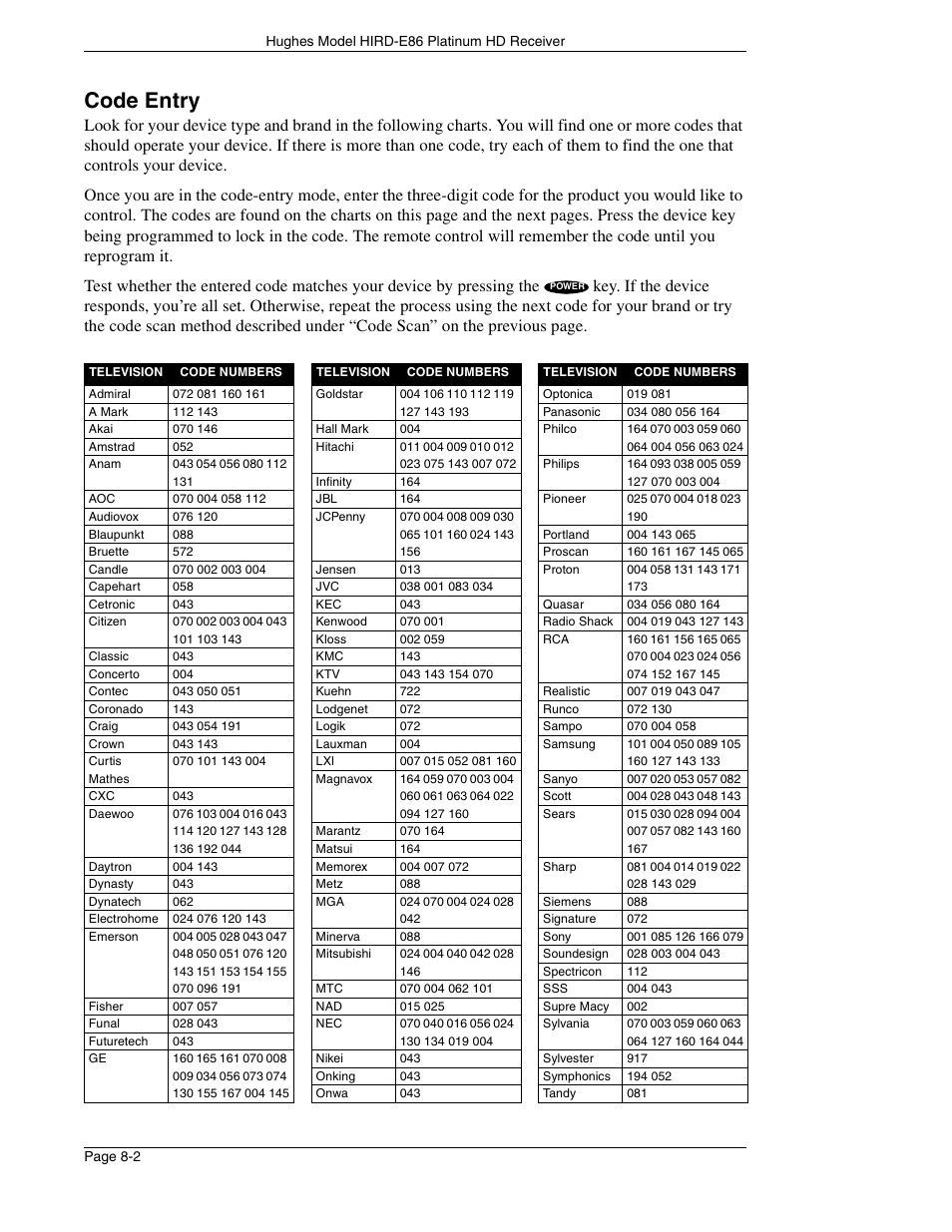 Code entry | DirecTV HIRD-E86 User Manual | Page 82 / 90