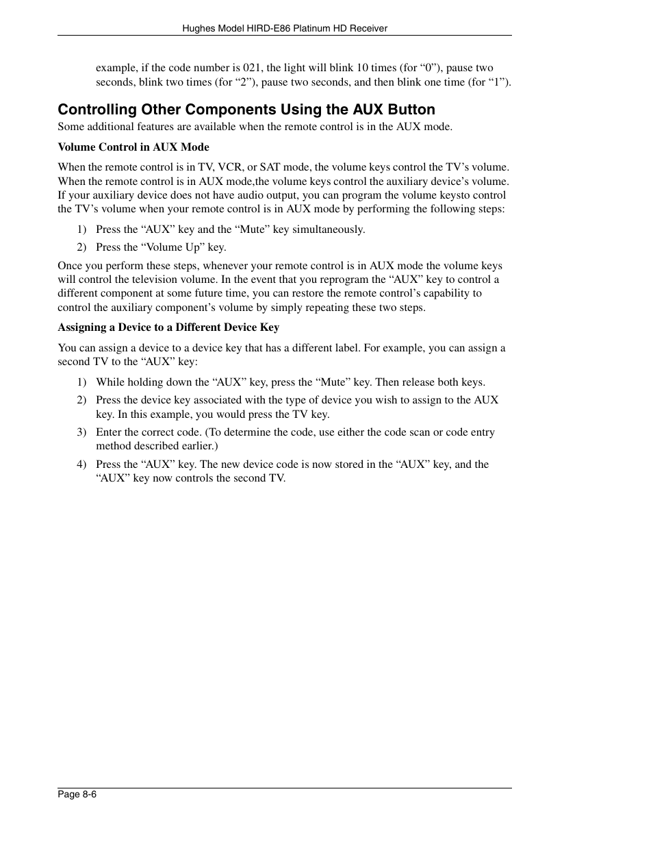Controlling other components using the aux button | DirecTV HIRD-E86 User Manual | Page 86 / 90