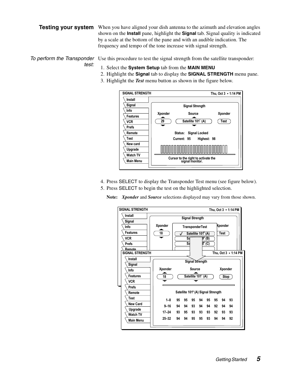 Testing your system, Pane, highlight the, Tab from the | Highlight the, Tab to display the | DirecTV SD-HBH User Manual | Page 13 / 56