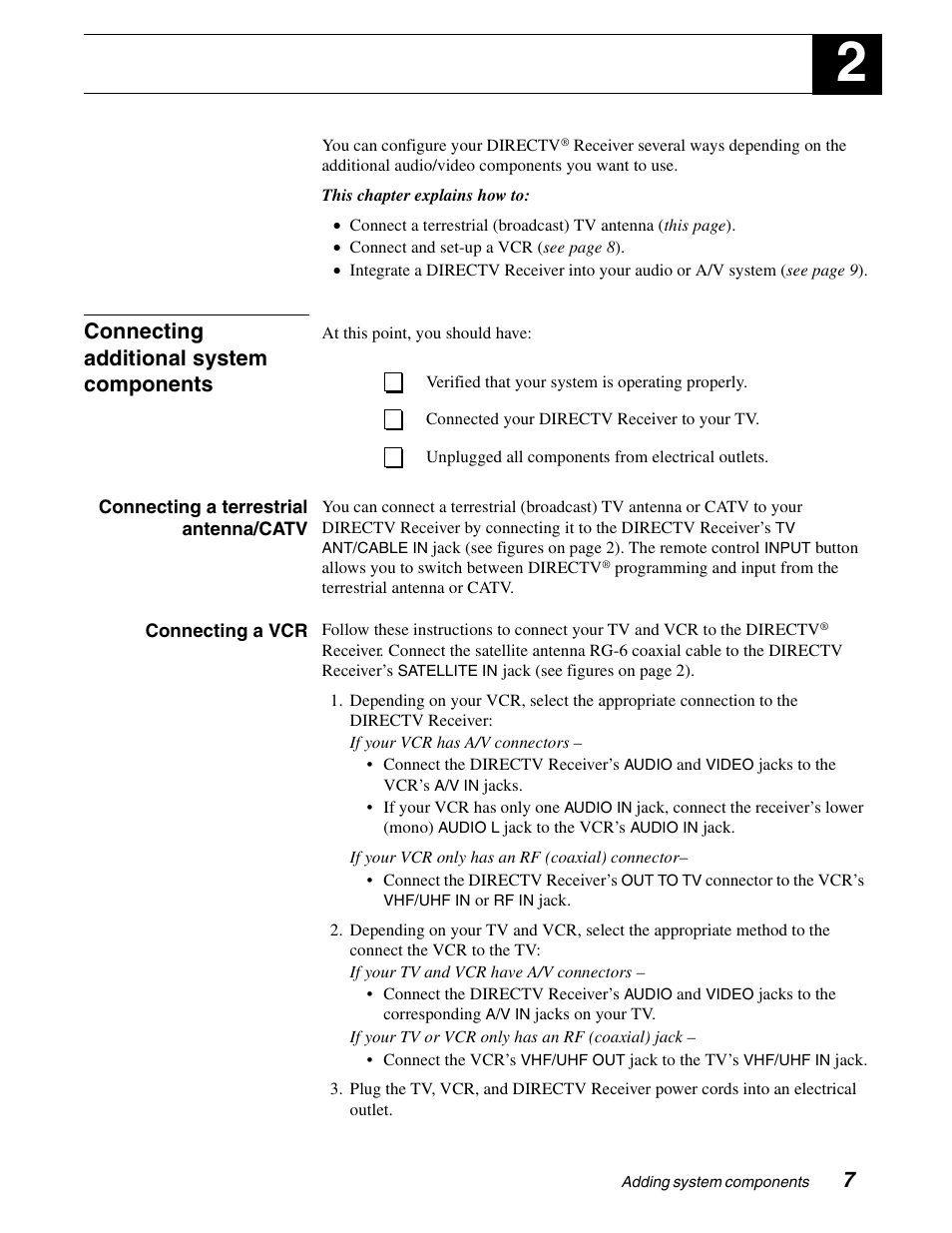 Adding system components, Connecting additional system components | DirecTV SD-HBH User Manual | Page 15 / 56