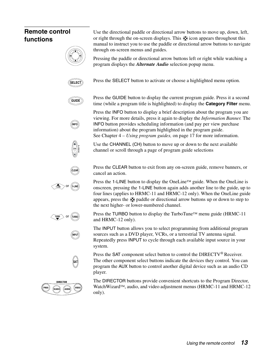 Remote control functions | DirecTV SD-HBH User Manual | Page 21 / 56