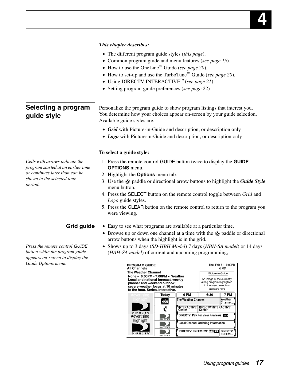 Using program guides, Selecting a program guide style, Grid guide | Guide ( see page 20 ). • using directv interactive, Press the remote control, Button twice to display the, Menu. 2. highlight the | DirecTV SD-HBH User Manual | Page 25 / 56