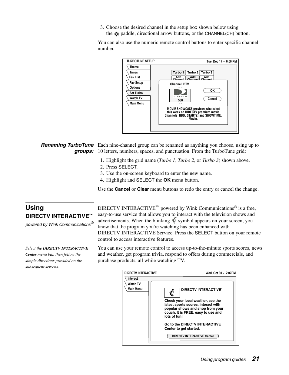 Using, Directv interactive, Menu button. use the | Powered by wink communications | DirecTV SD-HBH User Manual | Page 29 / 56