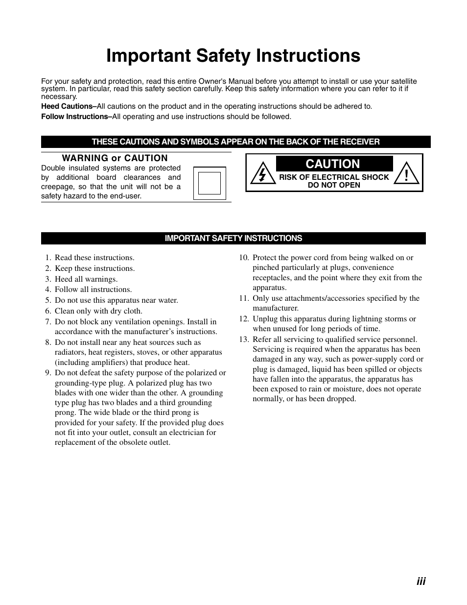 Important safety instructions, Caution | DirecTV SD-HBH User Manual | Page 3 / 56